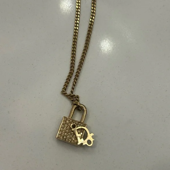 Christian Dior Golden Rhinestone Encrusted Padlock Necklace w/ Dior charm